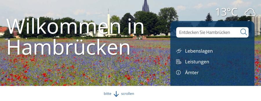 Oberer Bereich der Startseite mit Aufschrift "Wilkommen in Hambrücken", Wetter und Suche